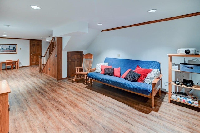 3590 Sabaka Trl, Verona, WI 53593 - living area featuring ornamental molding, wood finished floors, recessed lighting, and stairs