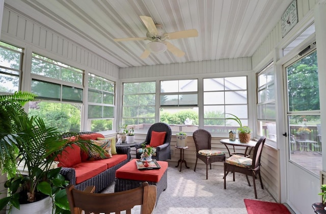 2360 Cobblestone Ln, Beloit, WI 53511 - sunroom / solarium featuring a ceiling fan, outdoor lounge area, and healthy amount of natural light