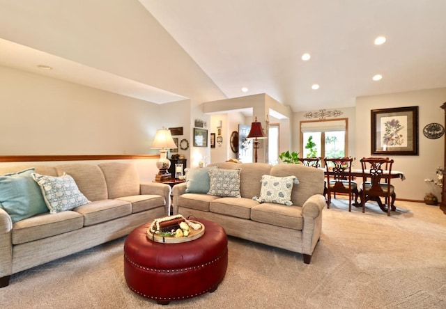 2360 Cobblestone Ln, Beloit, WI 53511 - living room featuring recessed lighting, light colored carpet, and vaulted ceiling