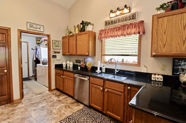 2360 Cobblestone Ln, Beloit, WI 53511 - kitchen featuring dishwasher, dark countertops, and brown cabinetry