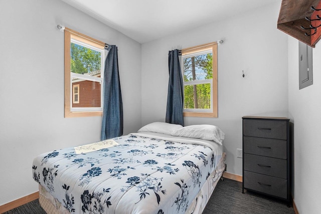 9347 Musky Bay Ln, Harshaw, WI 95429 - bedroom featuring multiple windows, dark carpet, and electric panel