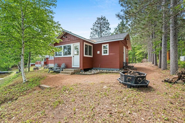9347 Musky Bay Ln, Harshaw, WI 95429 - back of house featuring a fire pit, log veneer siding, and a shingled roof