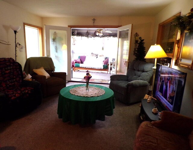 210 W S St, Loyal, WI 54446 - living room featuring carpet flooring and a ceiling fan