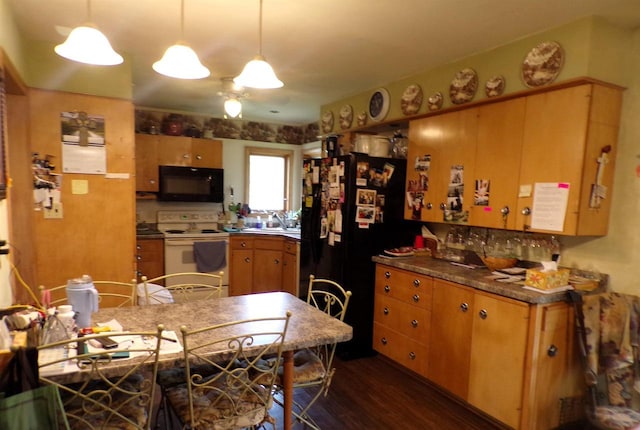 210 W S St, Loyal, WI 54446 - kitchen featuring black appliances, dark wood-style flooring, brown cabinetry, decorative light fixtures, and ceiling fan
