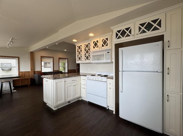 N2817 Rustic Dr, Clintonville, WI 54929 - kitchen with white appliances, a peninsula, a wainscoted wall, dark wood-style flooring, and white cabinets