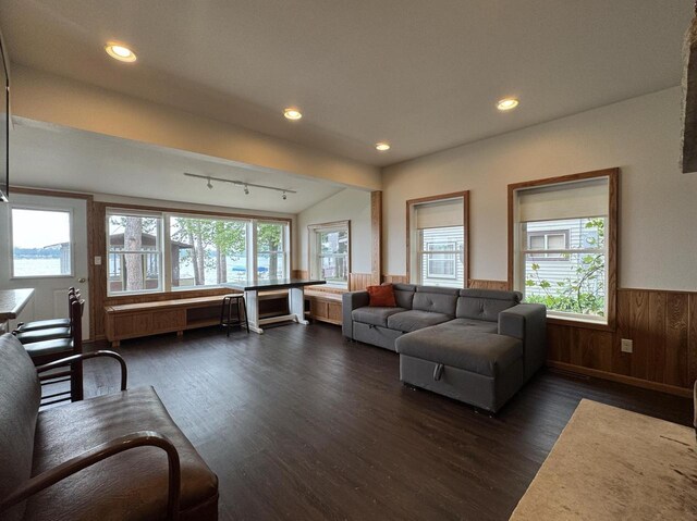 N2817 Rustic Dr, Clintonville, WI 54929 - living room with healthy amount of natural light, a wainscoted wall, dark wood-style flooring, recessed lighting, and wooden walls