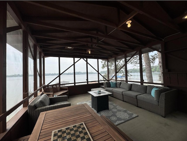 N2817 Rustic Dr, Clintonville, WI 54929 - sunroom featuring an outdoor hangout area, a water view, and lofted ceiling