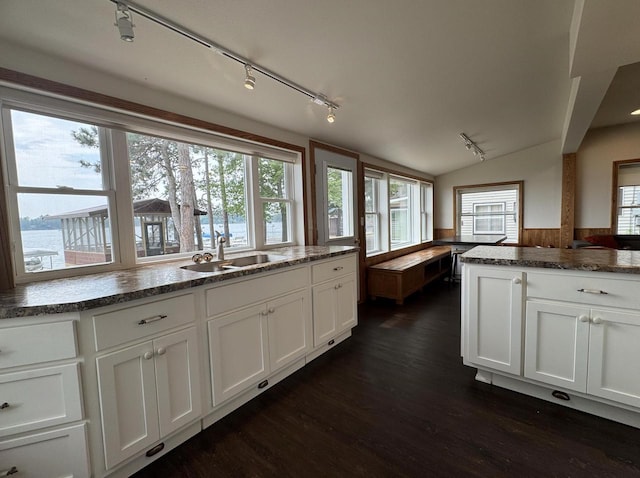 N2817 Rustic Dr, Clintonville, WI 54929 - kitchen with rail lighting, dark wood finished floors, lofted ceiling, white cabinetry, and dark stone counters