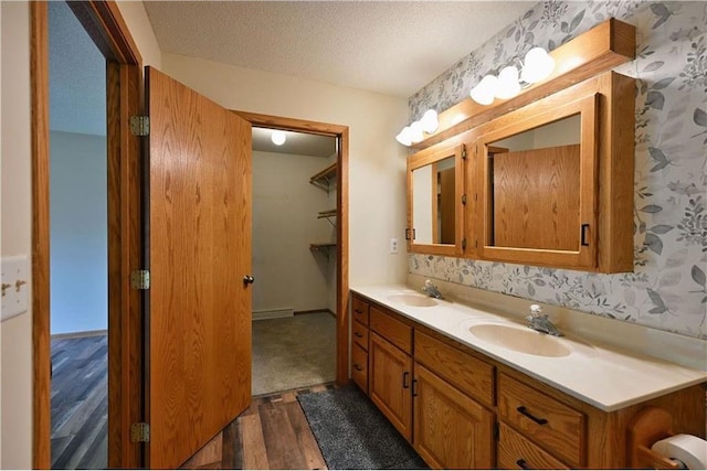 W5342 County Highway F, Trego, WI 54888 - bathroom with wood finished floors, double vanity, a textured ceiling, wallpapered walls, and a baseboard radiator