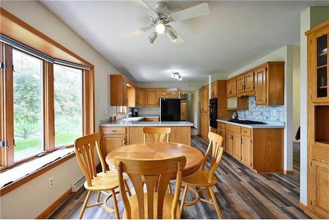 W5342 County Highway F, Trego, WI 54888 - kitchen with refrigerator, a peninsula, dark wood-style floors, light countertops, and decorative backsplash