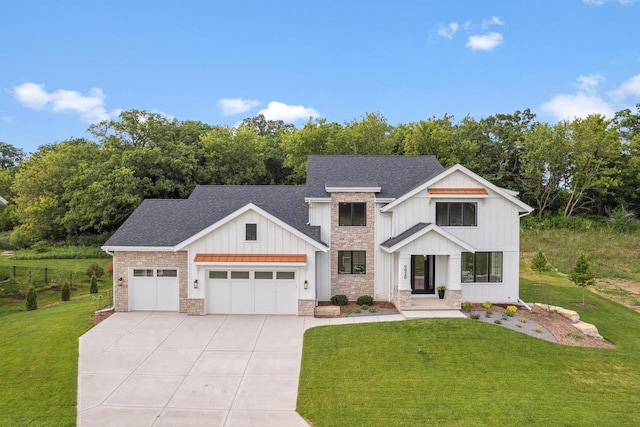 5928 Burning Prairie Dr, Waunakee, WI 53597 - modern farmhouse with board and batten siding, driveway, a garage, a front yard, and roof with shingles