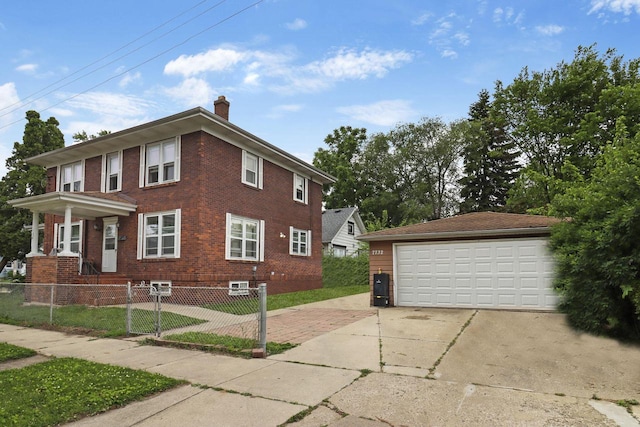 7732 15th Ave, Kenosha, WI 53143 - view of property exterior with brick siding, a chimney, a detached garage, an outdoor structure, and a fenced front yard