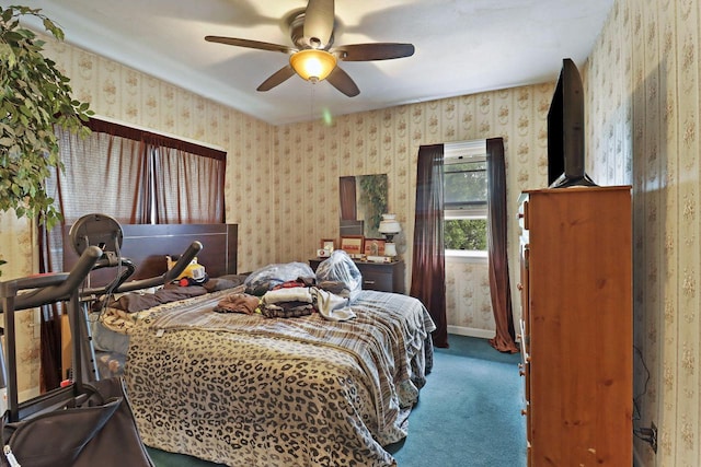 7732 15th Ave, Kenosha, WI 53143 - carpeted bedroom with wallpapered walls and ceiling fan