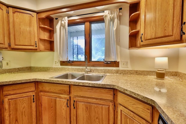 2413 Ravenswood Rd, Madison, WI 53711 - kitchen with open shelves, light countertops, and brown cabinetry