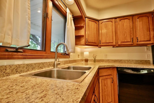 2413 Ravenswood Rd, Madison, WI 53711 - kitchen featuring dishwasher, light countertops, brown cabinets, and open shelves