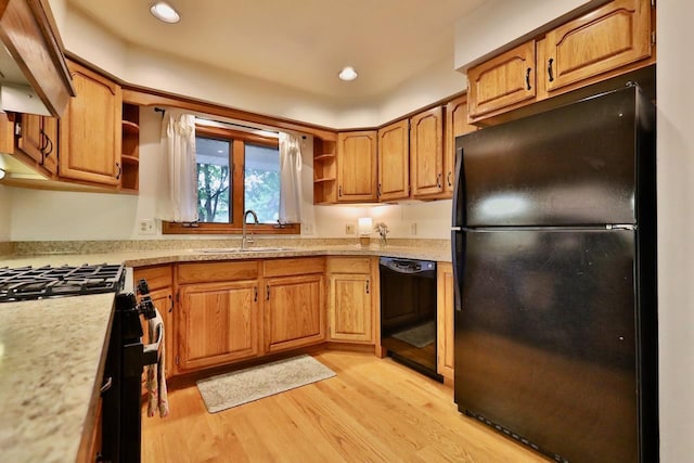 2413 Ravenswood Rd, Madison, WI 53711 - kitchen with black appliances, open shelves, custom range hood, light countertops, and recessed lighting