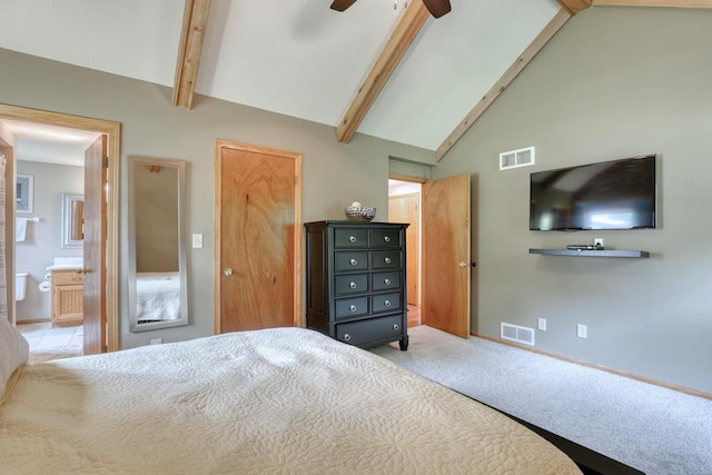 W227N2527 Meadowood Ln, Waukesha, WI 53186 - carpeted bedroom with beam ceiling, high vaulted ceiling, ensuite bathroom, and ceiling fan