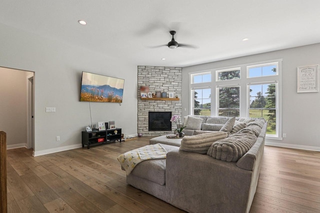 2322 Kae Ct, Mount Pleasant, WI 53406 - living area featuring ceiling fan, hardwood / wood-style floors, a fireplace, and recessed lighting