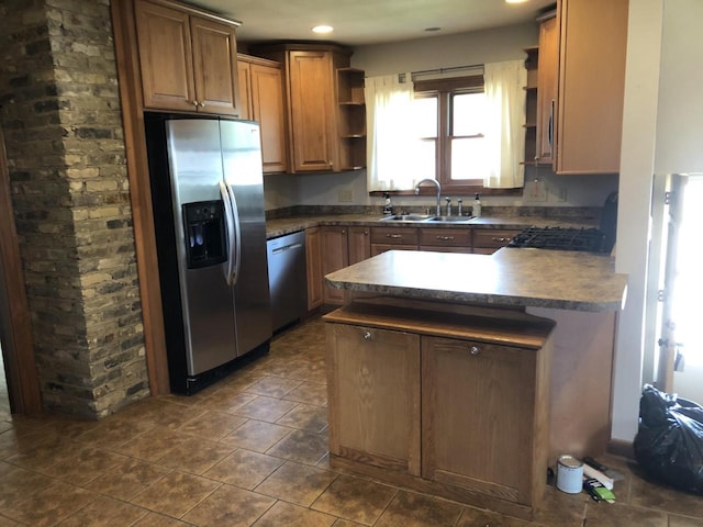 472 Orchard St, Burlington, WI 53105 - kitchen featuring appliances with stainless steel finishes, open shelves, dark countertops, brown cabinets, and recessed lighting