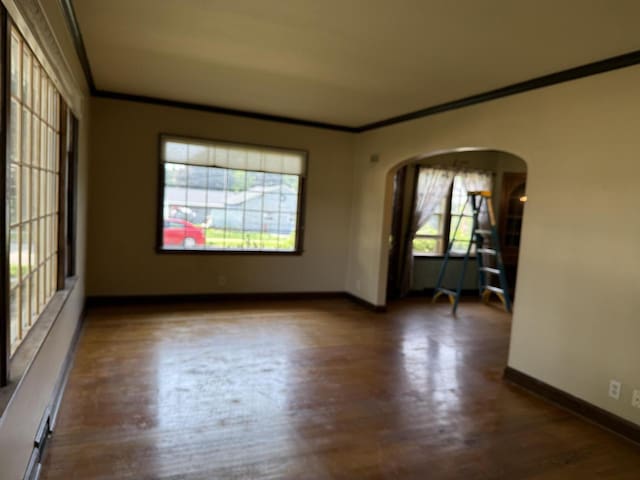 472 Orchard St, Burlington, WI 53105 - empty room featuring crown molding, arched walkways, and wood finished floors