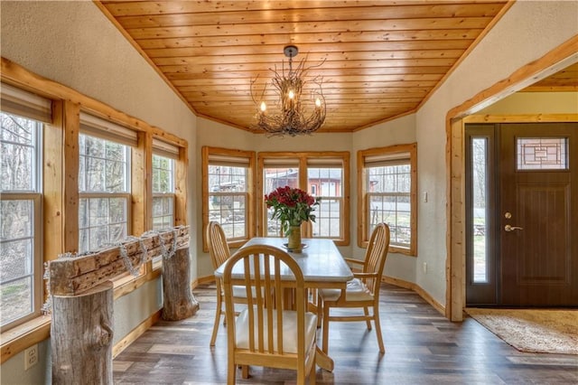 7766 Thunder Point Rd, Hayward, WI 54843 - dining room featuring a chandelier, dark wood-style flooring, wood ceiling, ornamental molding, and a textured wall