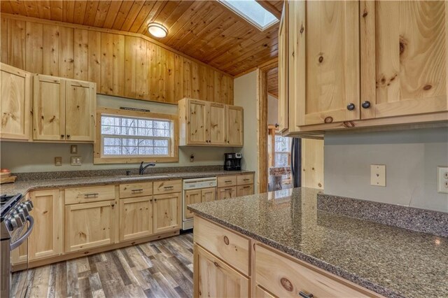 7766 Thunder Point Rd, Hayward, WI 54843 - kitchen featuring light brown cabinets, lofted ceiling, dishwasher, wooden ceiling, and stainless steel range with gas stovetop