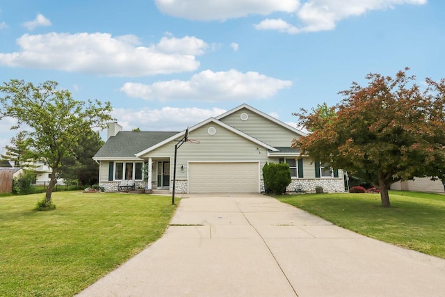7170 S Countryside Dr, Franklin, WI 53132 - view of front of home featuring a garage, a front yard, driveway, stone siding, and a chimney