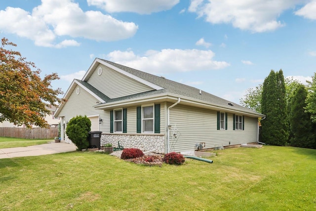 7170 S Countryside Dr, Franklin, WI 53132 - view of side of property with concrete driveway, an attached garage, stone siding, and roof with shingles