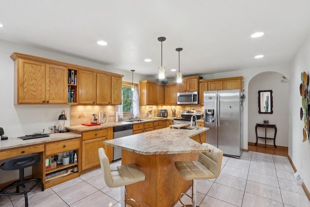 7170 S Countryside Dr, Franklin, WI 53132 - kitchen with stainless steel appliances, open shelves, backsplash, and recessed lighting