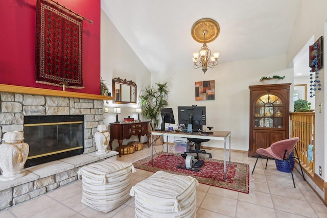 7170 S Countryside Dr, Franklin, WI 53132 - office area featuring tile patterned flooring, a chandelier, a fireplace, and high vaulted ceiling