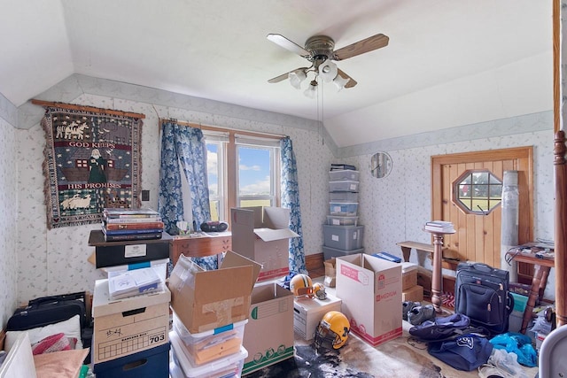 N2485 County Road Ii, Columbus, WI 53925 - office area featuring wallpapered walls, vaulted ceiling, and ceiling fan