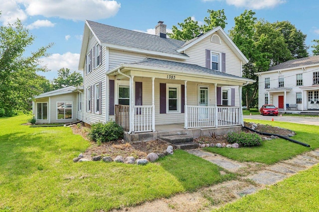 1383 Range Trl, Verona, WI 53593 - view of front of home featuring a porch, a chimney, a front lawn, and roof with shingles