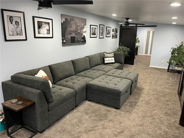 3158 Leslie Ln, Eau Claire, WI 54703 - living room featuring a ceiling fan, carpet floors, and recessed lighting