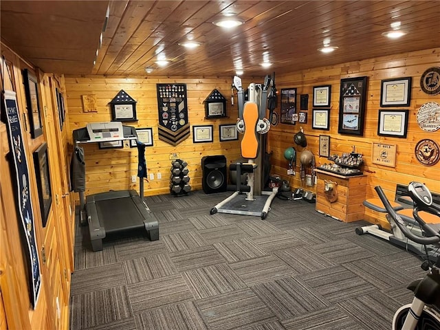 3158 Leslie Ln, Eau Claire, WI 54703 - gym featuring dark colored carpet, wooden walls, and wooden ceiling