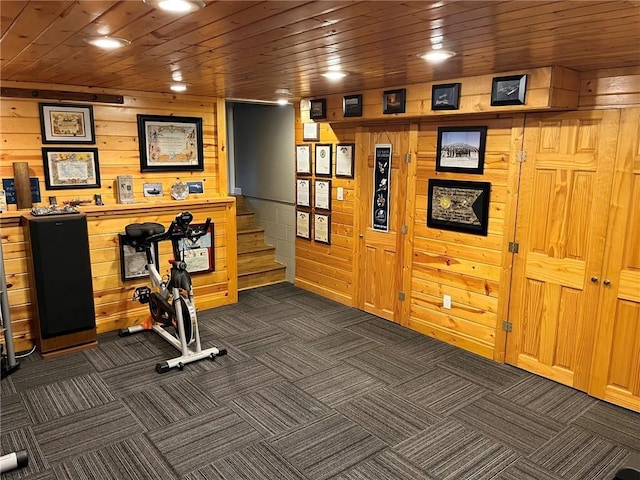 3158 Leslie Ln, Eau Claire, WI 54703 - workout room featuring wooden walls, dark colored carpet, and recessed lighting