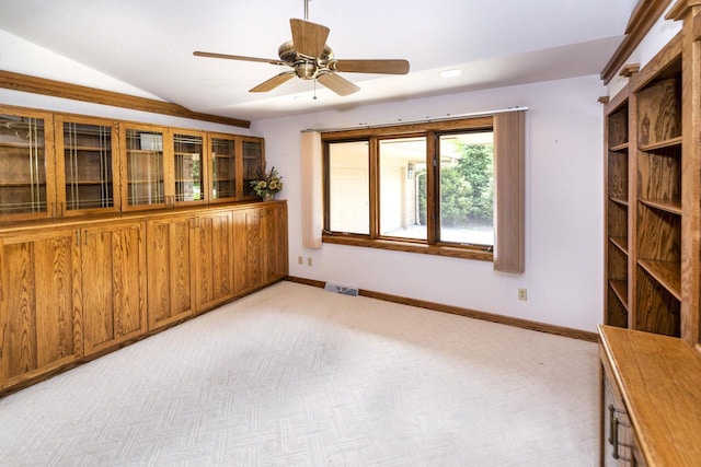 3381 S Highpointe Dr, New Berlin, WI 53151 - empty room featuring lofted ceiling, ceiling fan, light colored carpet, and recessed lighting