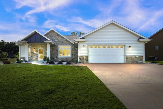 1395 American Eagle Dr, Slinger, WI 53086 - craftsman inspired home featuring stone siding, concrete driveway, board and batten siding, and a garage