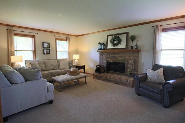 1000 Ridge Rd, Waukesha, WI 53186 - carpeted living room with crown molding and a fireplace