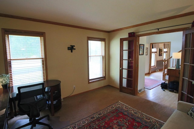 1000 Ridge Rd, Waukesha, WI 53186 - office area with crown molding, french doors, and carpet flooring