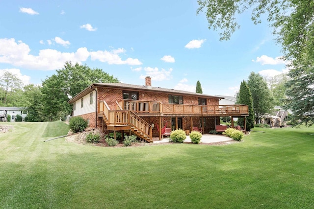 915 Nelson Ave, Milton, WI 53563 - rear view of property featuring stairway, brick siding, a deck, a patio area, and a chimney