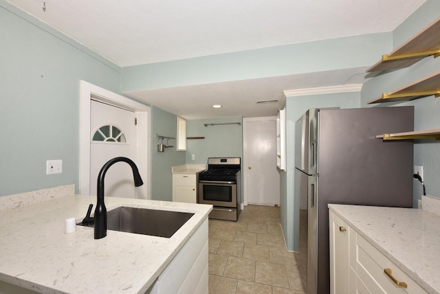 1816 N Arlington Pl Unit 1818, 1818A, Milwaukee, WI 53202 - kitchen with stainless steel appliances, open shelves, white cabinetry, light stone countertops, and recessed lighting