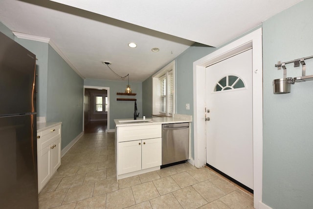 1816 N Arlington Pl Unit 1818, 1818A, Milwaukee, WI 53202 - kitchen featuring freestanding refrigerator, stainless steel dishwasher, white cabinetry, light countertops, and recessed lighting