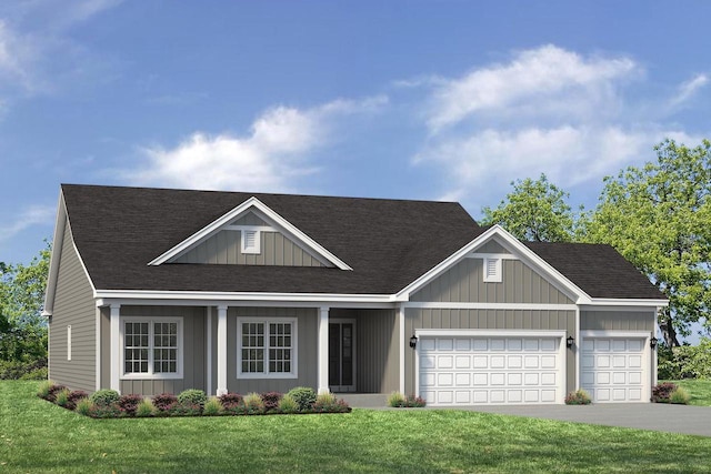 527 N Boulder Ridge Dr, Lake Geneva, WI 53147 - view of front of house with a garage, a front lawn, driveway, a shingled roof, and board and batten siding
