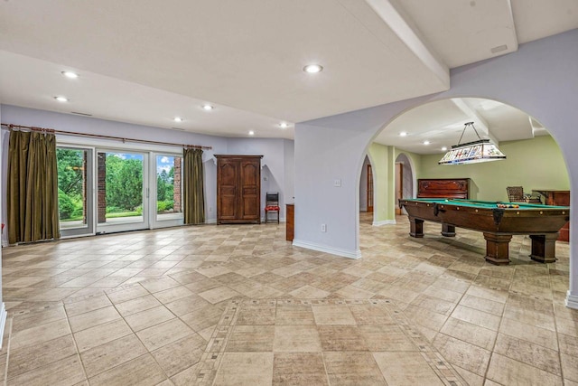N66W38493 N Woodlake Cir, Oconomowoc, WI 53066 - rec room featuring recessed lighting, arched walkways, pool table, and light tile patterned floors