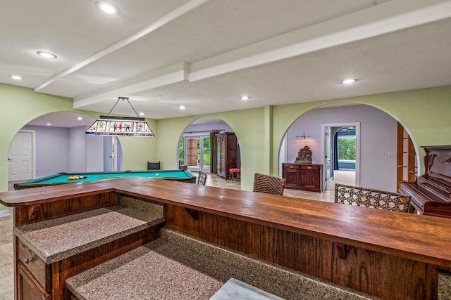 N66W38493 N Woodlake Cir, Oconomowoc, WI 53066 - rec room featuring recessed lighting, arched walkways, healthy amount of natural light, beamed ceiling, and pool table