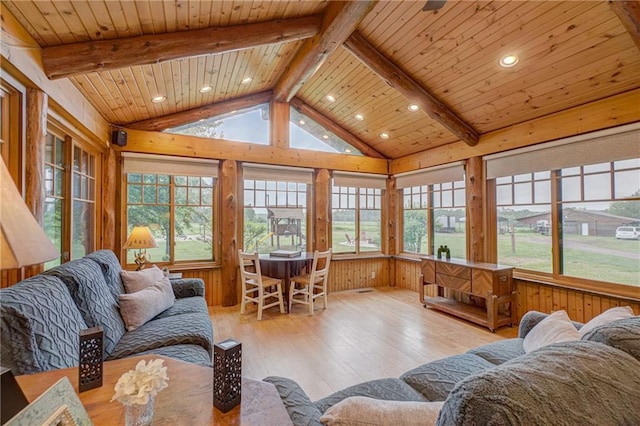 14097 W State Road 77, Hayward, WI 54843 - living room with wooden ceiling, hardwood / wood-style flooring, wooden walls, and recessed lighting