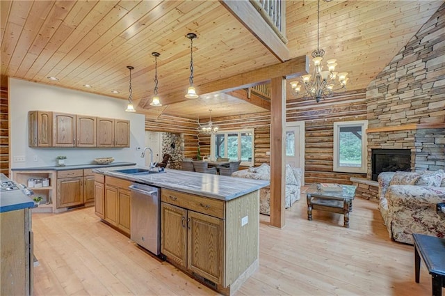 14097 W State Road 77, Hayward, WI 54843 - kitchen featuring rustic walls, open floor plan, dishwasher, wooden ceiling, and a chandelier