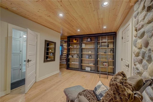 14097 W State Road 77, Hayward, WI 54843 - living area with wooden ceiling, hardwood / wood-style floors, and recessed lighting