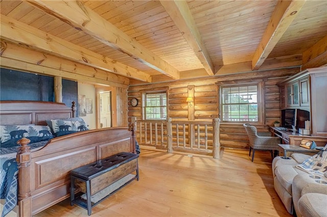 14097 W State Road 77, Hayward, WI 54843 - bedroom featuring log walls, multiple windows, light wood-style flooring, and a wooden ceiling with exposed beams