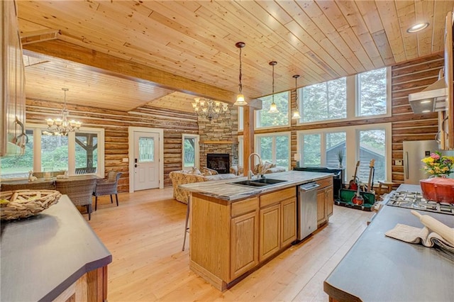 14097 W State Road 77, Hayward, WI 54843 - kitchen with log walls, appliances with stainless steel finishes, a chandelier, wood ceiling, and a fireplace